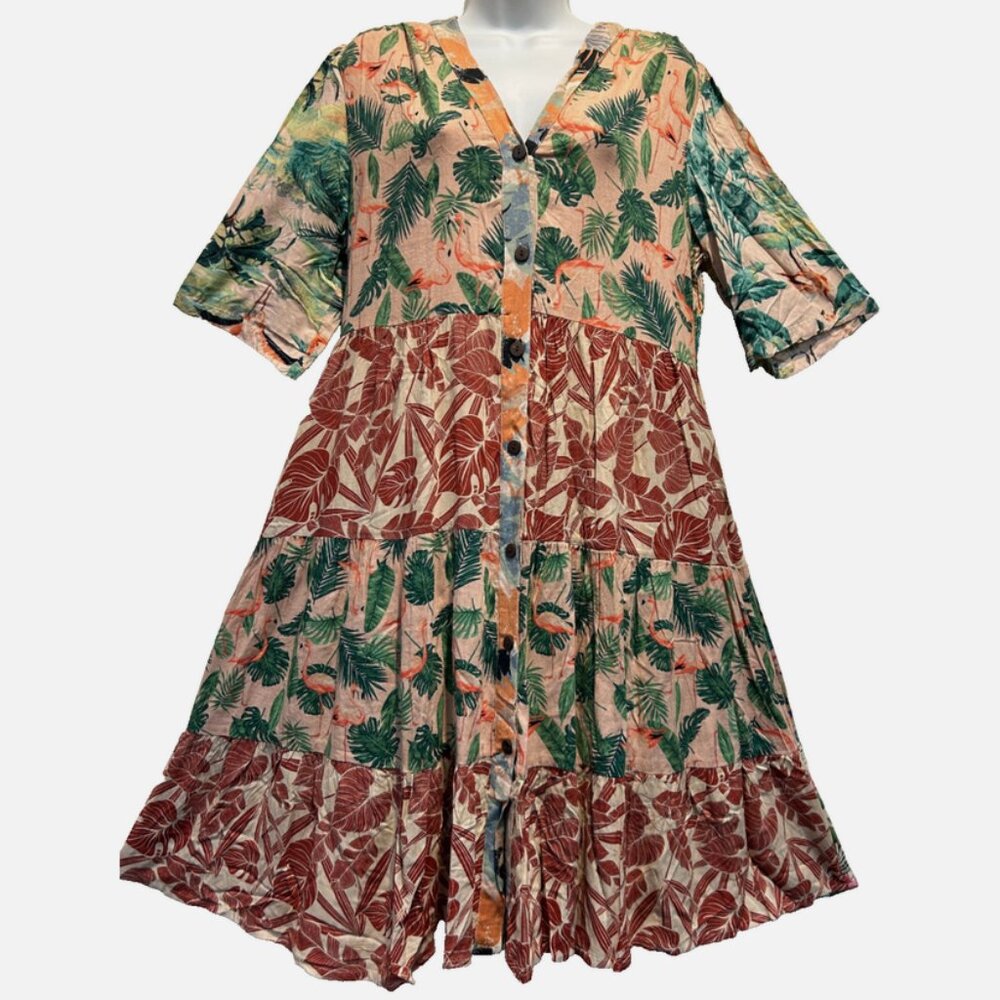 Nwt SACRED THREADS floral bohemian funky hippie rayon tier DRESS L